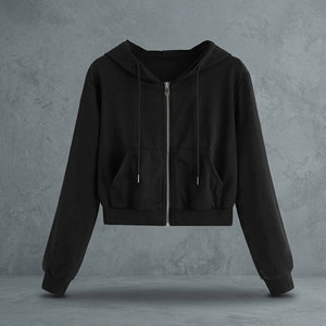 <b>Women</b> Cropped Zip Up Hoodie Plain <b>Black</b> <b>Fleece</b> Sweatshirt Long Sleeve Casual Streetwear - Product Image 2