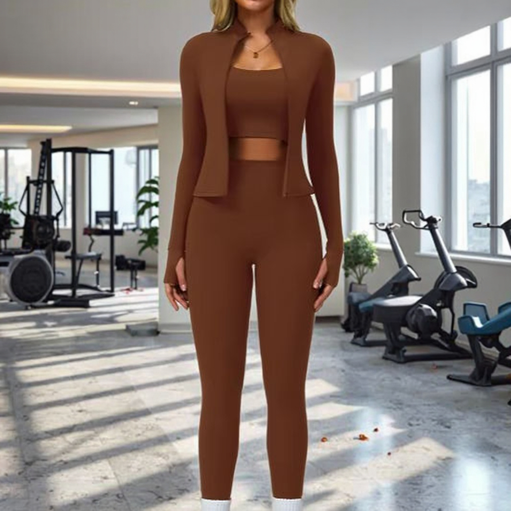 Women Solid Front Logo Yoga Set Backless Bras Coats Comfortable Plus Size Fitness Workout Outfit Three Piece High Waist