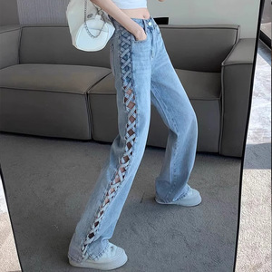 Jean large taille haute pour femme, coupe fine, ajouré, longueur au sol, tendance - Product Image 3