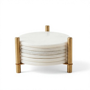 Ensemble de sous-verres ronds en marbre blanc avec support en métal doré, sous-verres de luxe en pierre naturelle pour la décoration de table - Product Image 1
