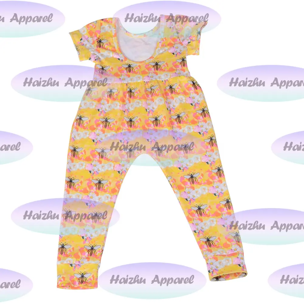 Honeybee Printing Jumpsuit Short Sleeves Backless Girls Rompers Wholesale Custom Baby Girl Full Knitted Unisex Baby Clothes 94