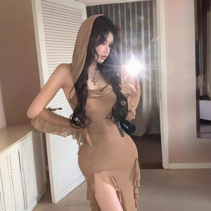 Abito tubino midi <span class=keywords><strong>da</strong></span> <span class=keywords><strong>donna</strong></span> con cappuccio, in rete, stile 'Waste Soil', sexy, con spacco, vita a foglia di loto, stile 'Hong Flavor Pure Desire' - Product Image 3