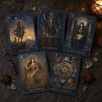 Cartes de tarot personnalisées Keji, édition artisanale, imprimées - 78 cartes, papier d'art 300 g/m², bords dorés à la feuille d'argent, vernis sélectif UV, coins arrondis, pour la famille