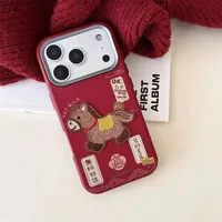 Casing TPU Bermotif Kulit dengan Bingkai Logam Kuda 3D Merah Bordir Baru untuk iPhone 17 16 15 Pro Max