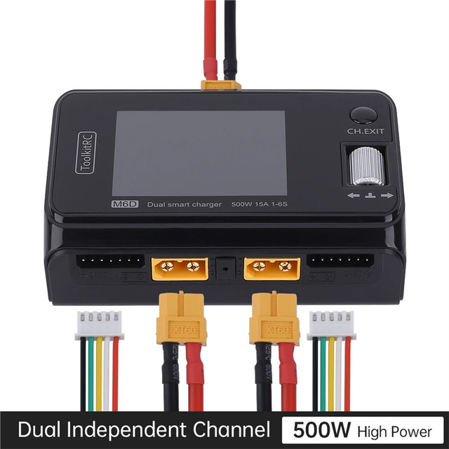 ToolkitRC M6D Dual Channel Smart Charger 500W 25A 7-28V DC 1-6S LiPo LiHV 2.4 Inch IPS Screen High Power for Racing Drone