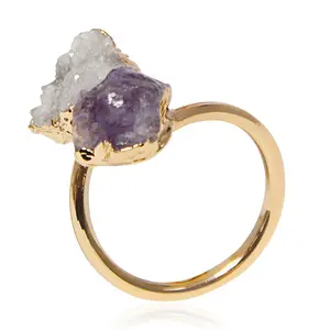 Irregular Druzy Stone Amethyst Open Ring Golden Handmade Crystal Cluster Finger Jewelry Adjustable Size