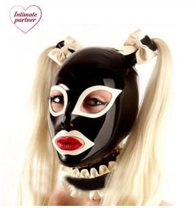 Латексная маска-капюшон со съемным воротником, двойными светлыми косами-хвостами, бантиками, задней молнией, резиновая, с золотыми косичками - для взрослых, БДСМ - Product Image 3