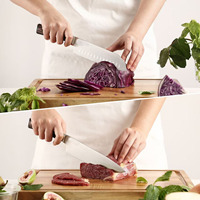 Ventes chaudes, ensemble de 3 couteaux de cuisine en acier inoxydable avec manche en bois, couteau Santoku, couteau utilitaire, dureté 60 Rockwell, ambidextre