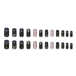 Uñas Postizas Cuadradas con Diseño de Ojo de Gato, Color Morado Plateado Brillante, Decoración de Uñas con Estrellas, Medianas, Hechas a Máquina, 24 Piezas, Uñas Cuadradas con Purpurina - Product Image 5