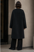 Manteau long décontracté sans col en mélange d'alpaga pour femme, élégant, en laine poilue, pour l'hiver, à bouton unique, épais, cousu main, couleur unie
