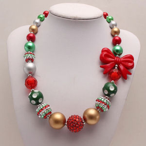 Collier de Noël en chewing-gum fait à la main pour les enfants, les bébés filles, nœud volumineux, perles, charme, style mignon pour les mariages et les fêtes - Product Image 5