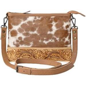 Merbaa Women's Cowhide Leather <b>Small</b> Crossbody Bag Tooled Adjustable Detachable Geometric Shoulder Strap Cowgirl Fashion <b>Purse</b> - Product Image 1