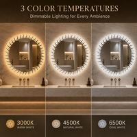 Miroir LED rond à motif laser, interrupteur tactile, 3 couleurs de lumière, design moderne, anti-buée, luminaire mural pour salle de bain, pour la décoration