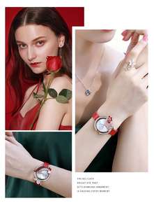Montre Femme Quartz Luxe Motif Phénix Chinois Or Rose Acier Inoxydable Bracelet Cuir <span class=keywords><strong>Rouge</strong></span> Orné Diamants <span class=keywords><strong>Rubis</strong></span> Cristal - Product Image 3
