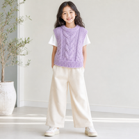 Gilet pull sans manches en tricot torsadé lilas pour petites filles, avec ourlet côtelé, idéal pour l'automne et les superpositions