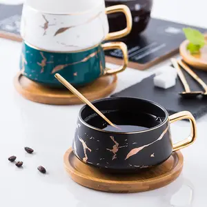 Conjuntos de Xícaras de Chá e Pires de Porcelana fosca com Aço Inoxidável Colheres De Chá de Ouro 10oz xícaras de Cappuccino