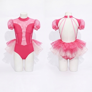 ชุดเต้นรำร่วมสมัยสีชมพูสดใส แขนสั้น ผ้าตาข่ายเว้าช่วงตัว กระโปรงระบาย สำหรับเด็กผู้หญิง เต้นบัลเลต์ แจ๊ส - Product Image 1