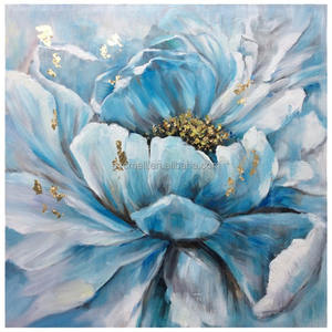 Pintura al Óleo Moderna Pintada a Mano, Estilo Lujoso, Azul y Dorado, con Imagen de Peonía, Arte Abstracto, Pintura Personalizada sobre Lienzo para Decoración de Pared - Product Image 1