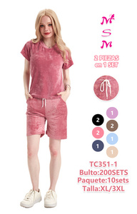 Mora Wear Completo da donna 2 pezzi con pantaloncini in spugna, vestibilità ampia, girocollo, manica corta, casual, primavera estate, traspirante, sopra il ginocchio, tinta unita rosa - Product Image 1