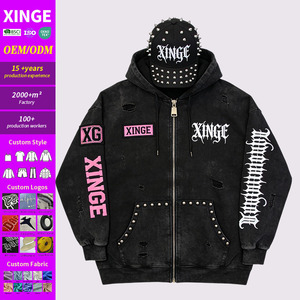 Sudadera con capucha de algodón grueso personalizable, estilo punk, desgastada, para hombre, con tachuelas, estilo gótico, esencial para streetwear. - Product Image 1