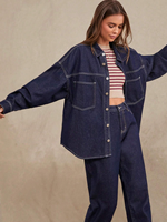 Kemeja Jeans Premium wanita, kemeja Denim kancing atas lengan panjang
