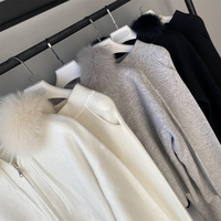 Ensemble 2 pièces de luxe en acrylique : Cardigan à capuche zippé et pantalon long à jambes larges, en tricot de laine douce personnalisé pour l'hiver, style urbain avec bordure en fourrure sur le devant