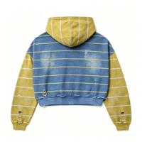 Sweat à capuche zippé épais pour homme, style vintage, délavé à l'acide et vieilli, à rayures bleues et jaunes, colorblock, coupe courte, style streetwear
