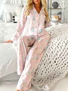 Conjunto de Pijama Personalizado con Estampado Festivo para Mujer, de Bambú Rosa, Manga Larga, con Botones, Ropa de Dormir de Tencel Modal - Product Image 4