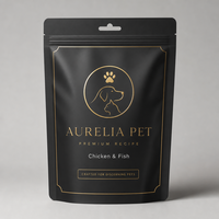 Pochette alimentaire pour animaux de compagnie, noire mate, imprimée sur mesure, avec estampage à chaud doré et fermeture éclair refermable, pour l'emballage de friandises pour chiens et chats