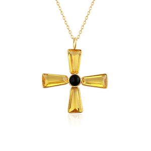 Collier Pendentif Croix Géométrique en Quartz Jaune Hydro et Onyx Noir, Plaqué Or 18 carats, avec Sertissage Bezel, Vente en Gros de Bijoux de Mode - Product Image 1