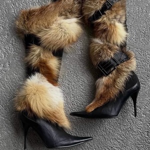 Nuevas Botas Largas de Tacón Fino con Peluche, a la Moda, para Mujer, Estilo Picante, Diseño Puntiagudo, con Cinturón de Cuero - Product Image 1