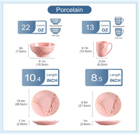 Service de vaisselle moderne en porcelaine marbrée rose poudré, écologique, compatible micro-ondes, sans BPA, 16 pièces (assiettes, bols, tasses) – Collection Luxe pour la cuisine