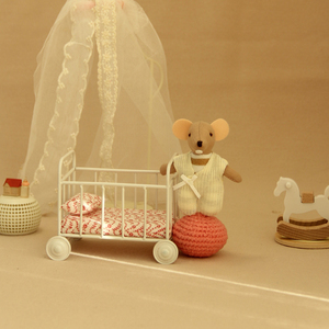 Miniature Vintage Metal Crib Dollhouse White Lace Canopy Wheels Floral <strong>Bedding</strong> Striped Nursery Decor Ornament Gift - Product Image 5