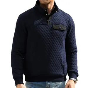 Factory Wholesale Men's Quilted Sweatshirt Custom Casual Long Sleeve Outdoor Stand Collar Button Pullover Sweatshirts