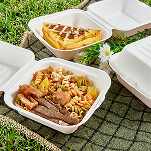 Wadah makanan Clamshell 6x6 sekali pakai dapat dikompos untuk <span class=keywords><strong>Burger</strong></span> <span class=keywords><strong>Fries</strong></span> Salad kue sandwich terbuat dari Bagasse - Product Image 3