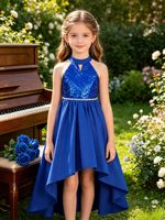 Robe de princesse à sequins pour filles, col halter, coupe asymétrique, manches courtes, en polyester