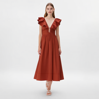 Robe midi décontractée pour femme, orange rouille, col en V, manches à volants, à nouer sur le devant, coupe évasée, style resort, personnalisable, vente en gros