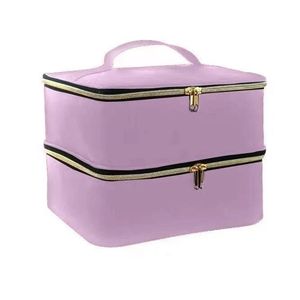 Double Layer Portable <b>Makeup</b> Bag Pink Cloth Cosmetic Storage <b>Case</b> With Soft Handle For Travel And Organization - Product Image 1
