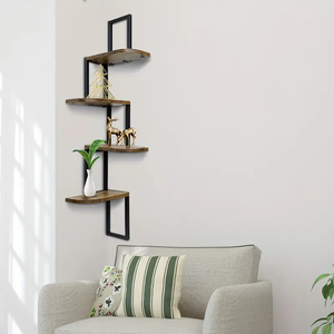 Kệ góc nổi 4 tầng mộc mạc giá lưu trữ bằng gỗ và kim loại treo tường cho phòng khách phòng ngủ phòng tắm nhà bếp văn phòng - Product Image 5
