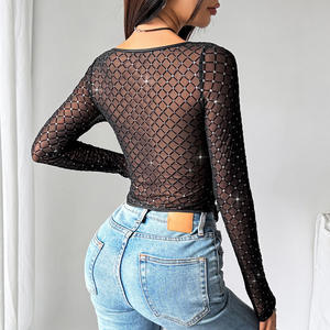 KISS <span class=keywords><strong>ME</strong></span> ANGEL Débardeur noir sexy pour femme à manches longues, en maille floquée ajourée avec effet de perspective et détails à cordons - Product Image 6