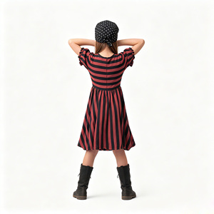 Disfraz de pirata a rayas rojas y negras para niñas con pañuelo para <span class=keywords><strong>la</strong></span> cabeza, vestido de manga corta con corte en A para cosplay de Halloween - Product Image 4