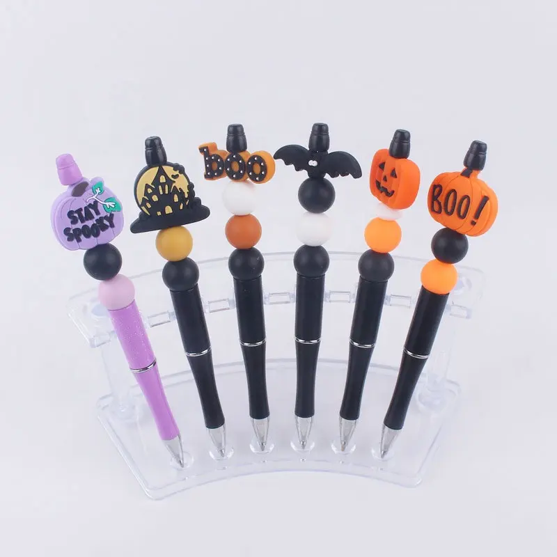 Hot Selling Creative Ballpoint Pens Monogram Silicone Beads Pumpkin Bat Halloween Beadable Pens