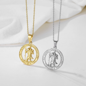 Vente en gros Collier religieux pour hommes en acier inoxydable plaqué or 18 ct vintage hip hop, pendentifs boussole fleur d'ange - Product Image 5