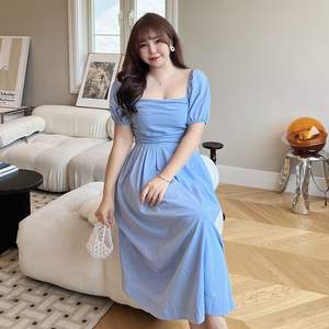 Vestido de Cóctel Negro de Algodón Talla Grande N8390, Cuello Cuadrado, Mangas Abullonadas, Cintura Imperio, Estilo Simple, Vestido Largo para Mujer - Product Image 2