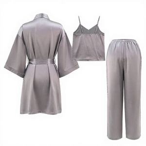 Ensemble 3 pièces en satin de soie : caraco, robe longue à manches longues et peignoir – Élégant, personnalisé, en polyester/coton, pour femme, idéal pour l'hiver, couleur unie, vêtements d'intérieur - Product Image 2