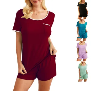 2024 Zomer Custom Logo Pak Roze Bamboe Viscose Katoenen Modale Shorts Outfit Tweedelige Pyjama Sets Gezellige Loungewear Voor Dames