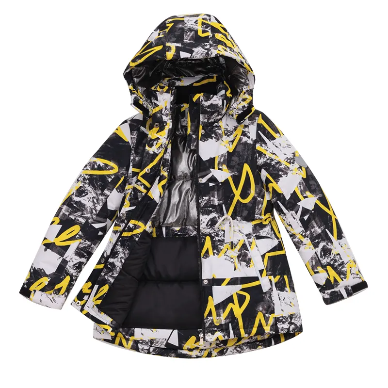 Unisex Winter Ski Jacket for 6-10 Years Waterproof Long Clothing with Cotton Filled Zipper Closure Printed Fabric Set-Girls