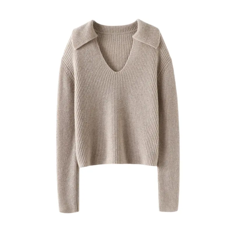 Women's fashion lapel 7 needle rib knit cashmere pullover wool knitted models sweater
