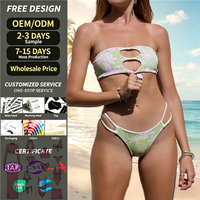 Maillot de bain bikini bandeau en nylon recyclé style russe, personnalisé OEM, imprimé floral ajouré, coupe haute, 2 pièces pour femme, vente en gros