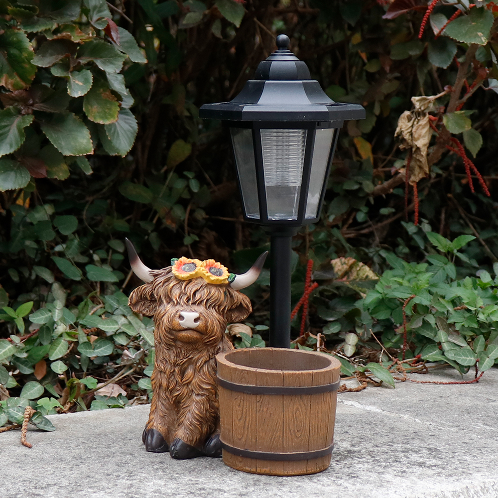 Solar-Powered Resin Highland Cow Lantern Planter Hand-painted Dual
